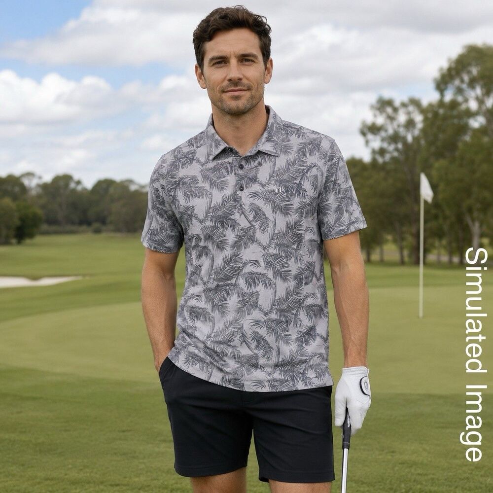 TravisMathew Polo Shirt Mens S Gray Palm Leaf Tropical Aloha Print Golf